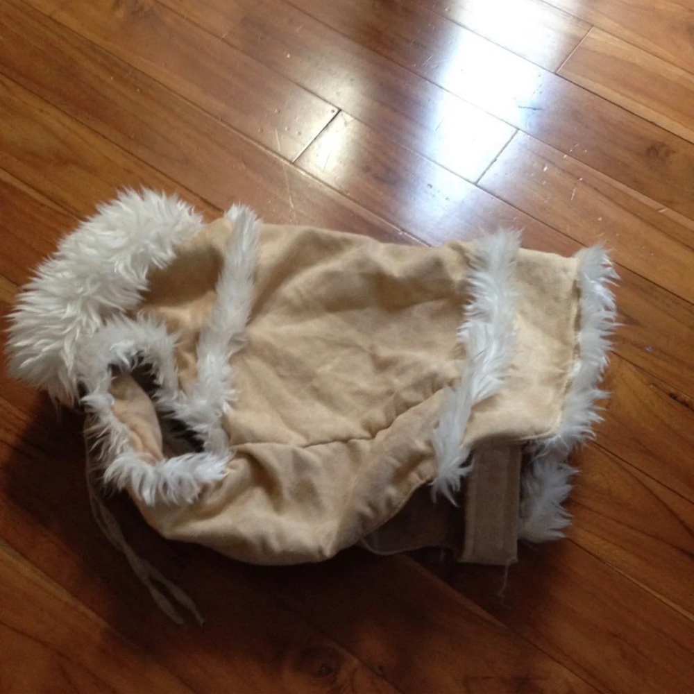 Dog vest/jacket, faux suede and fur trim. Velcro at belly